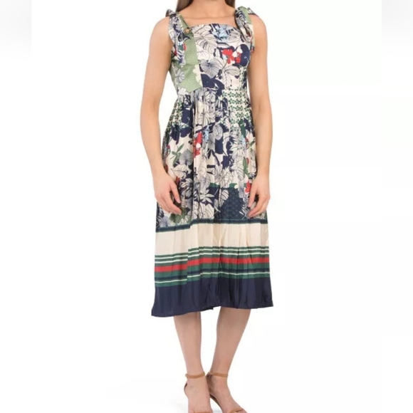 Dalia Macphee Floral Pleated Tie Shoulder Midi Dress Medium - Picture 1 of 8